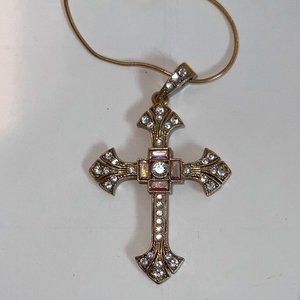 The "Library" Cross Christian Rhinestone Gold Tone Necklace